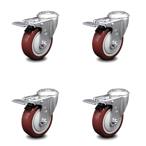 4 Inch Maroon Polyurethane Swivel Bolt Hole Caster Set with Total Lock Brake SCC